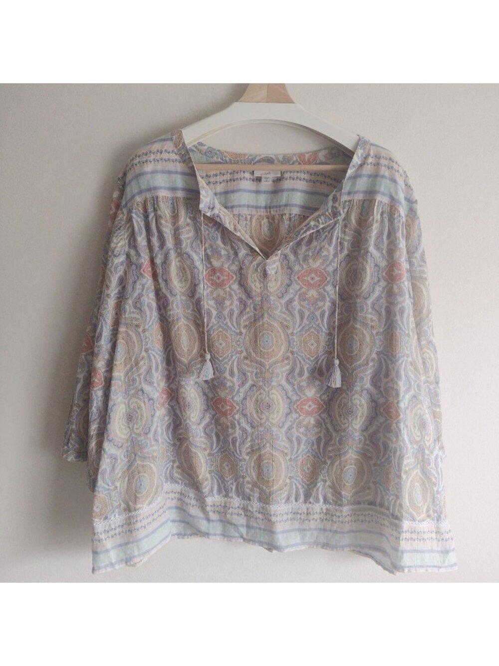 J Jill Paisley Print 3X Cotton Tunic Cotton Muted Colors Top Blouse w Tassels